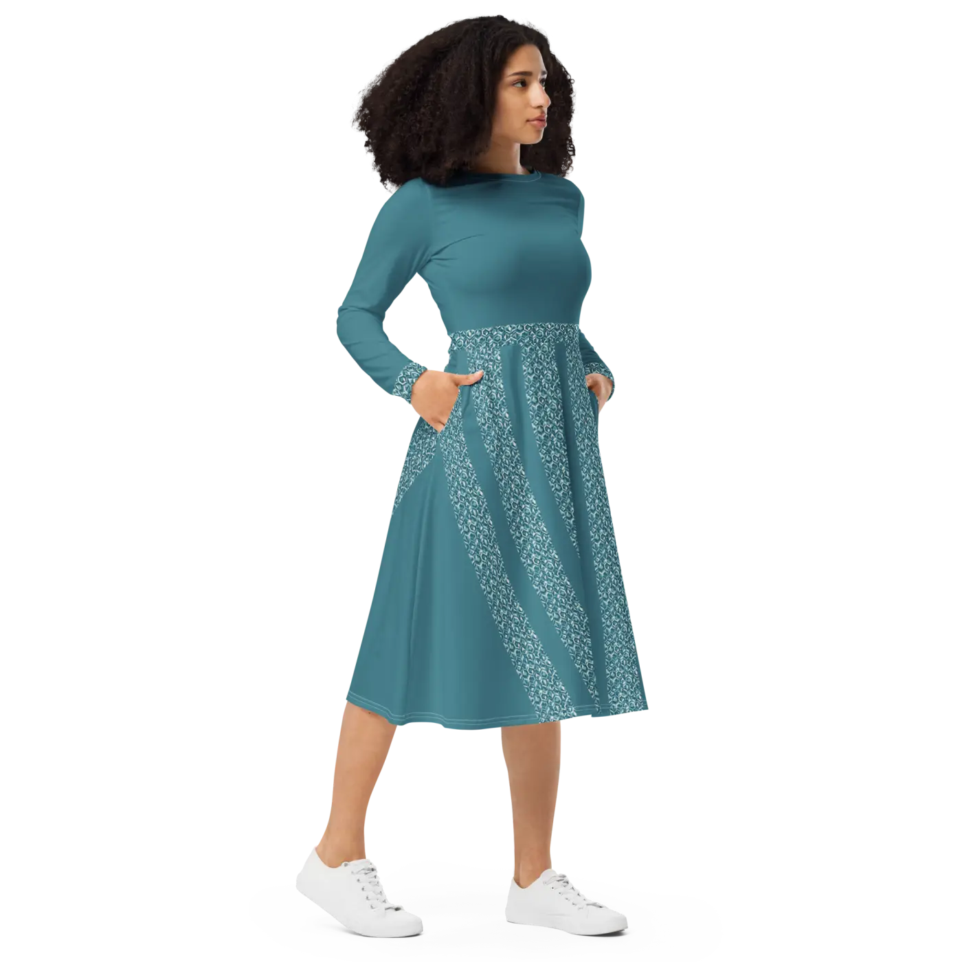 Teal Printed Long Sleeve Midi Dress - Statement Style - DipaliZ