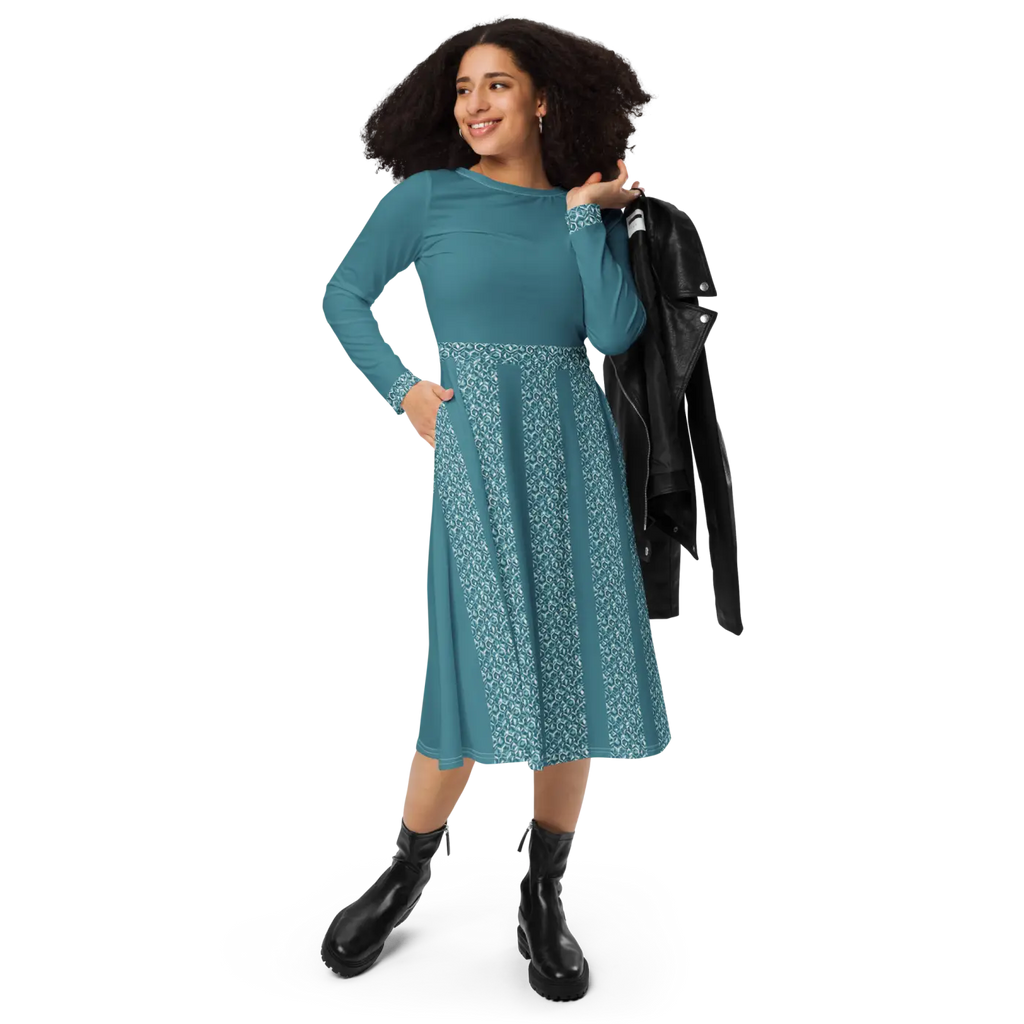 Teal Printed Long Sleeve Midi Dress - Statement Style - DipaliZ