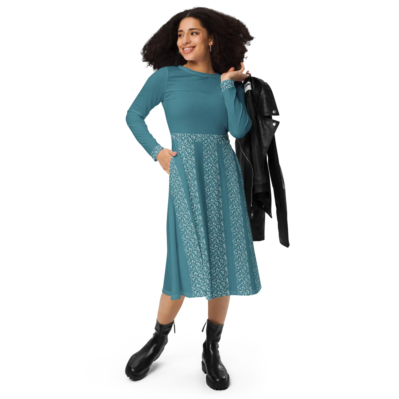 Teal Printed Long Sleeve Midi Dress - Statement Style - DipaliZ