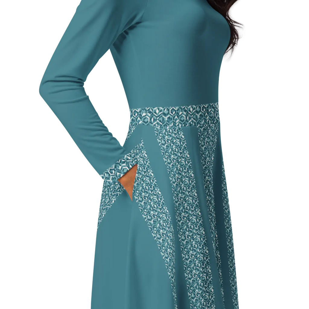 Teal Printed Long Sleeve Midi Dress - Statement Style - DipaliZ