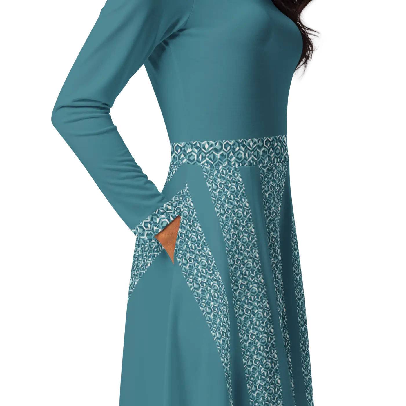 Teal Printed Long Sleeve Midi Dress - Statement Style - DipaliZ