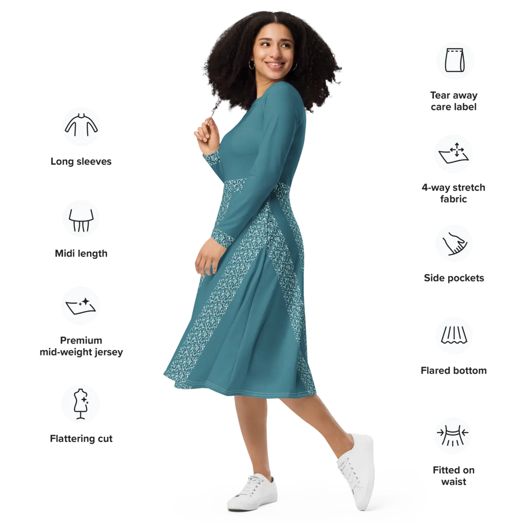Teal Printed Long Sleeve Midi Dress - Statement Style - DipaliZ