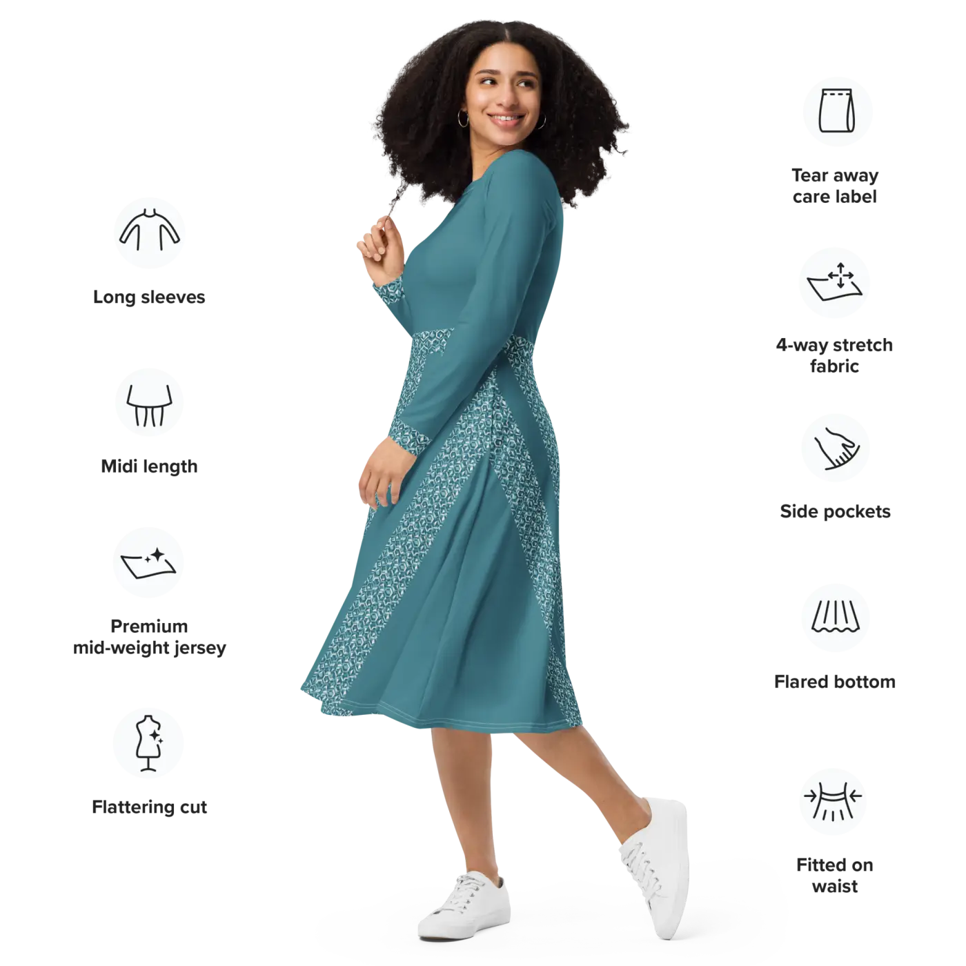 Teal Printed Long Sleeve Midi Dress - Statement Style - DipaliZ