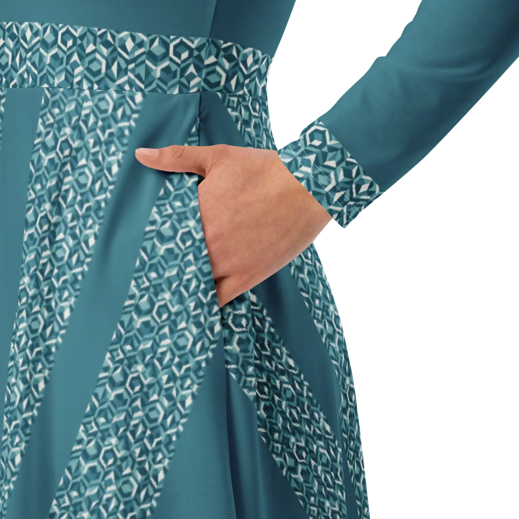 Teal Printed Long Sleeve Midi Dress - Statement Style - DipaliZ