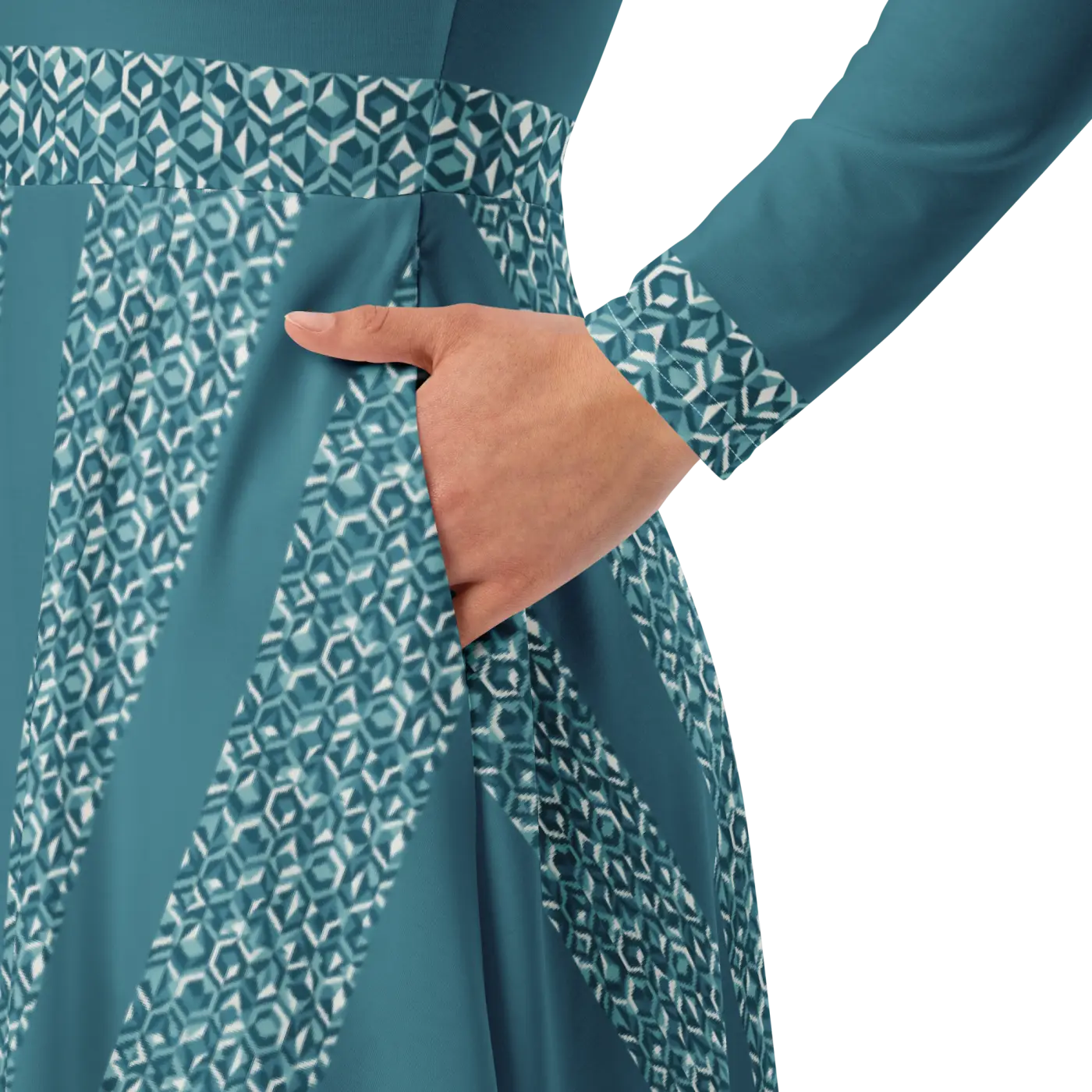 Teal Printed Long Sleeve Midi Dress - Statement Style - DipaliZ