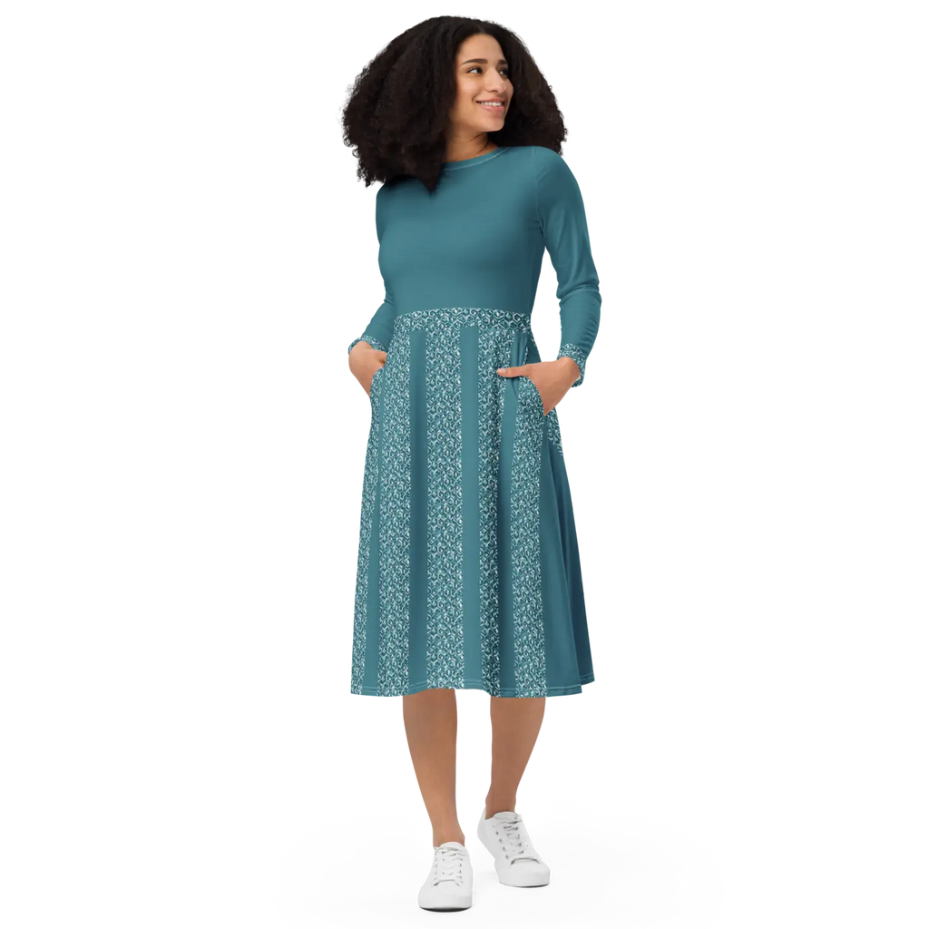 Teal Printed Long Sleeve Midi Dress - Statement Style - DipaliZ