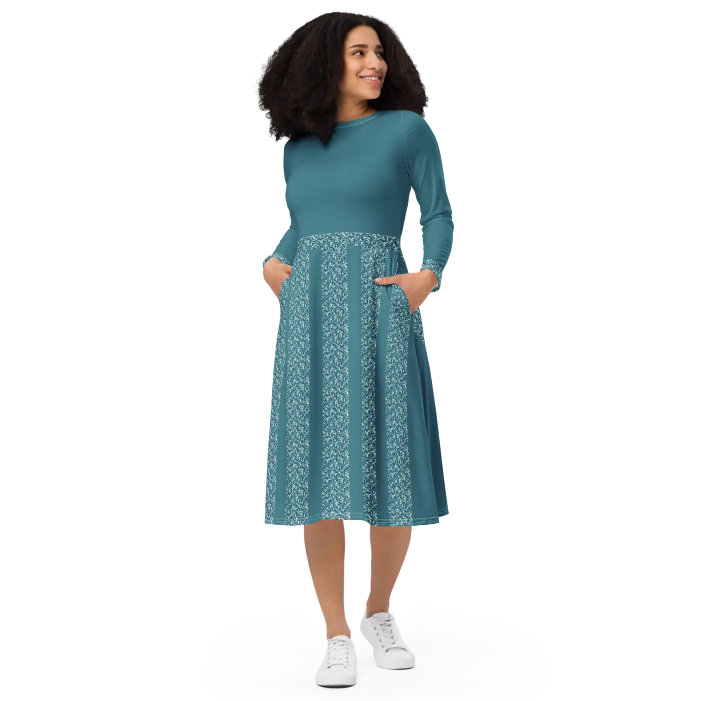 Teal Printed Long Sleeve Midi Dress - Statement Style - DipaliZ