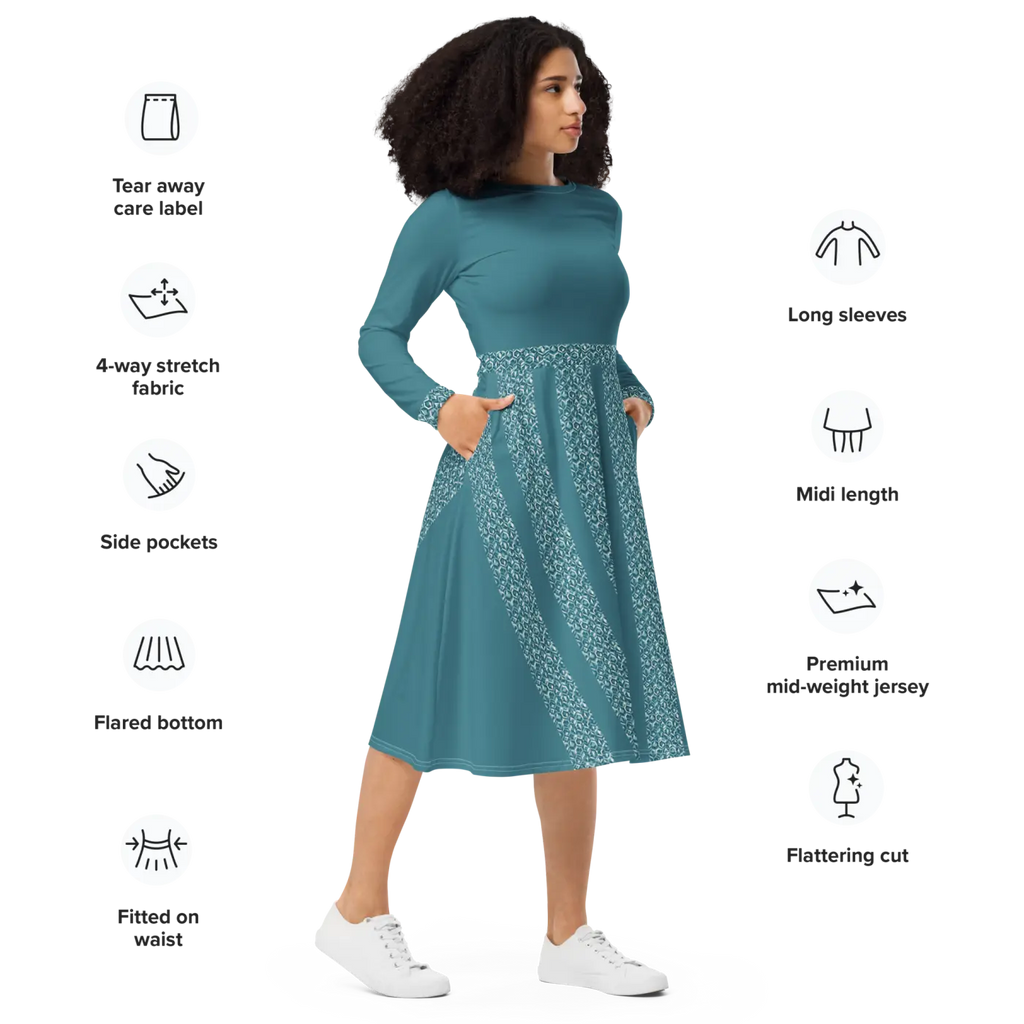 Teal Printed Long Sleeve Midi Dress - Statement Style - DipaliZ