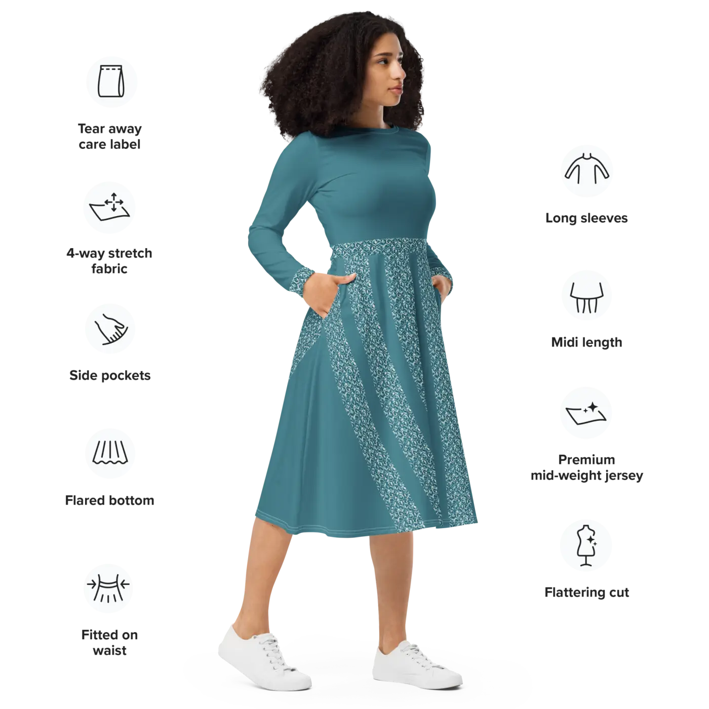Teal Printed Long Sleeve Midi Dress - Statement Style - DipaliZ
