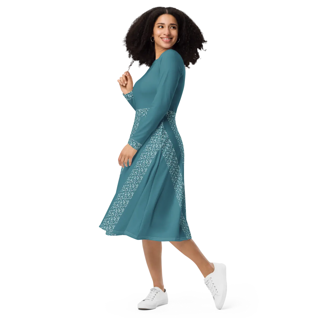 Teal Printed Long Sleeve Midi Dress - Statement Style - DipaliZ