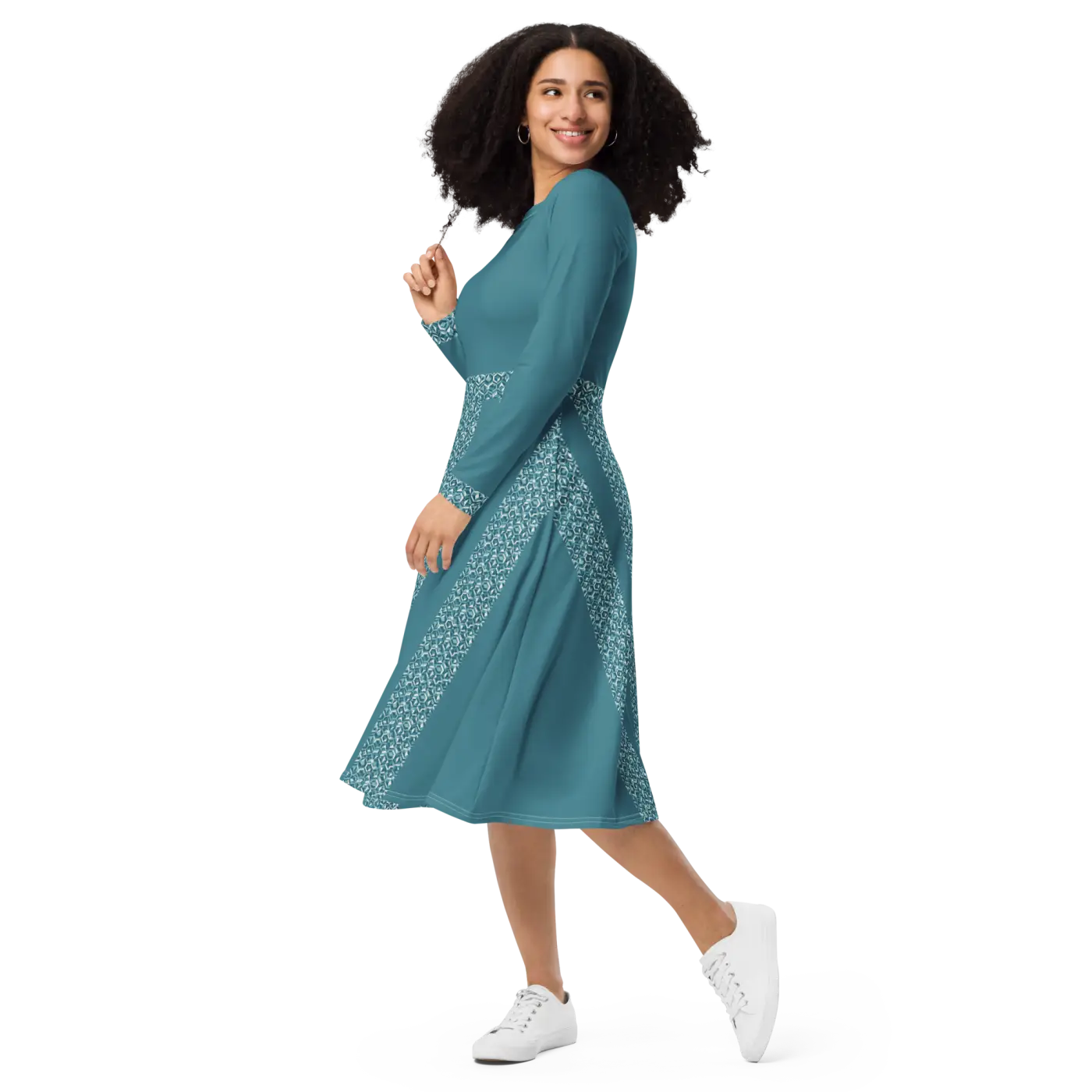Teal Printed Long Sleeve Midi Dress - Statement Style - DipaliZ