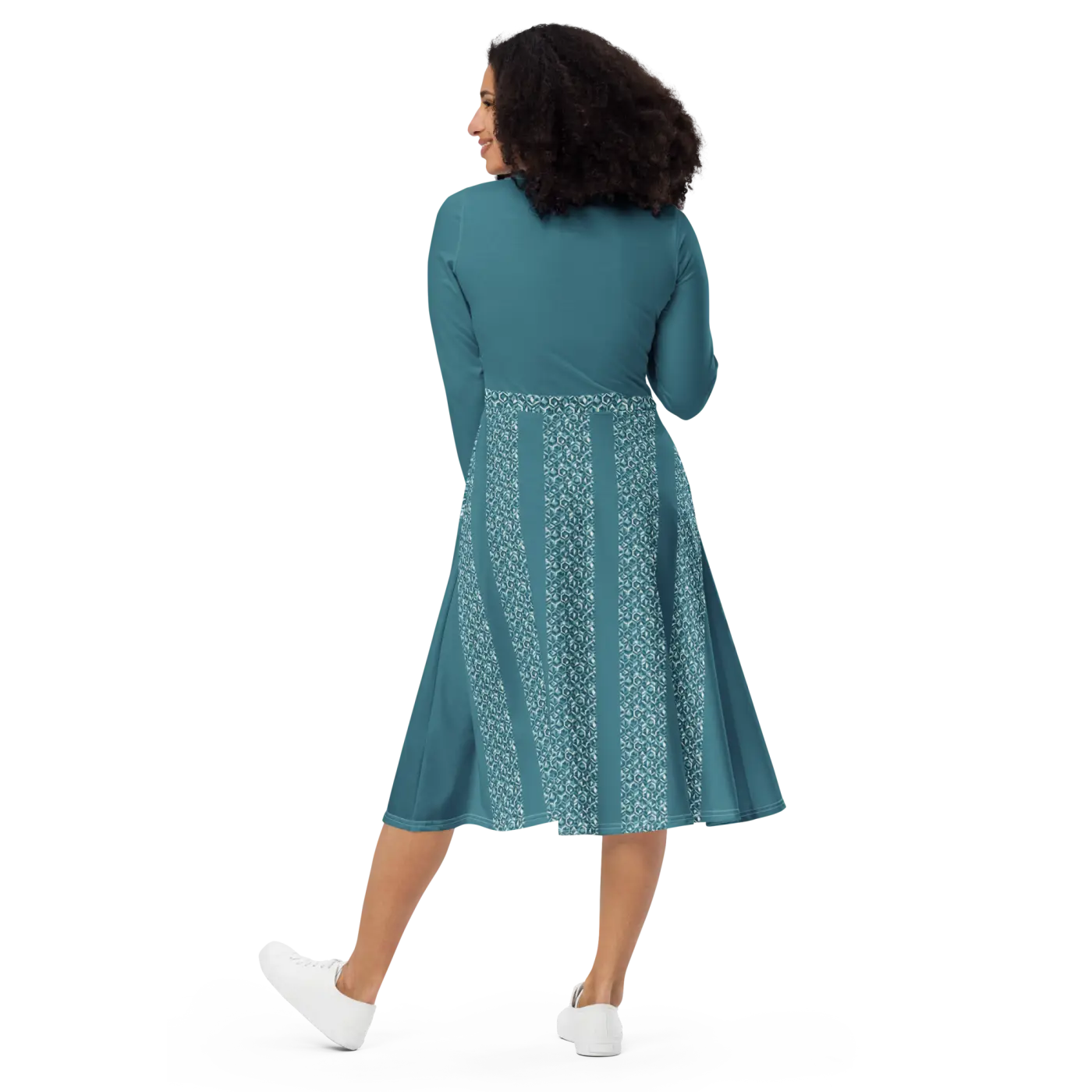 Teal Printed Long Sleeve Midi Dress - Statement Style - DipaliZ