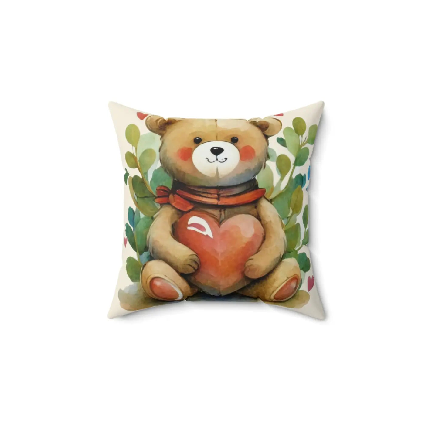 Teddy Bear Spun Polyester Square Pillow - Heart Design - DipaliZ