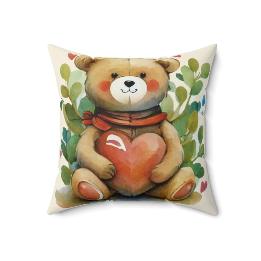 Teddy Bear Spun Polyester Square Pillow - Heart Design - DipaliZ