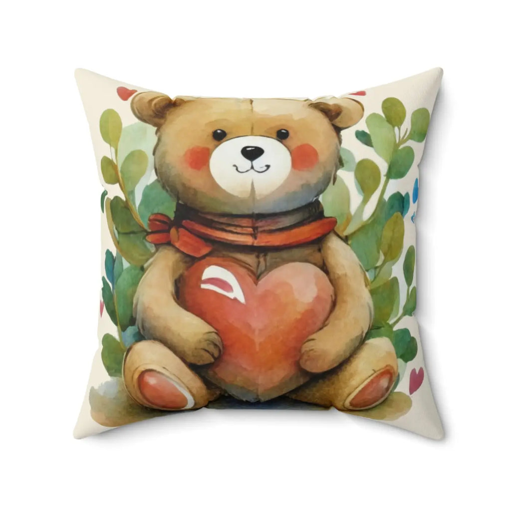 Teddy Bear Spun Polyester Square Pillow - Heart Design - DipaliZ