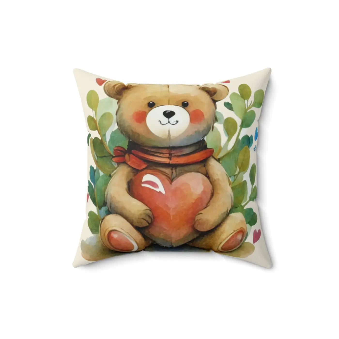 Teddy Bear Spun Polyester Square Pillow - Heart Design - DipaliZ