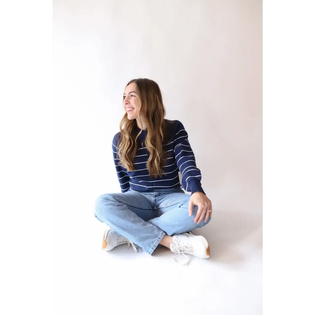 Ellen Henley Sweater in Navy with White Stripes