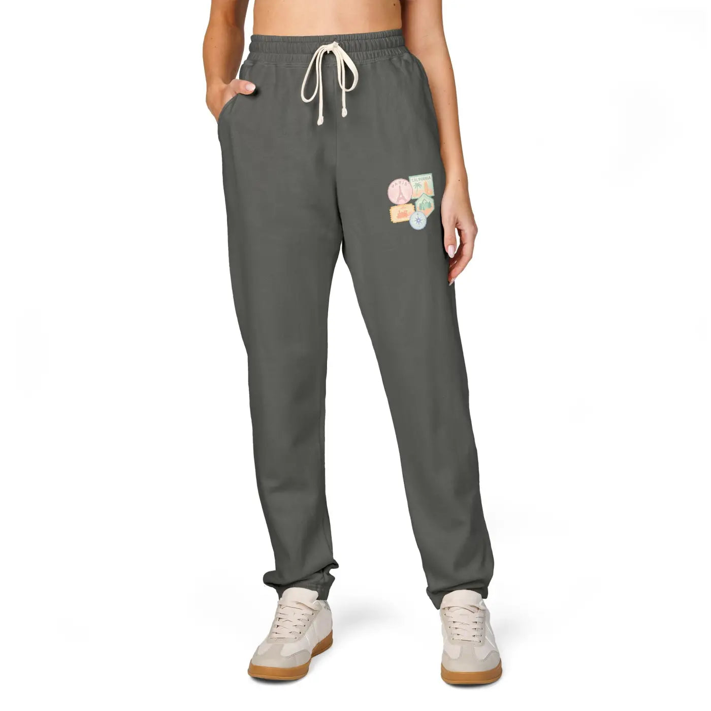 Unisex Fleece Sweatpants - Travel Stamps Graphic Comfort - DipaliZ
