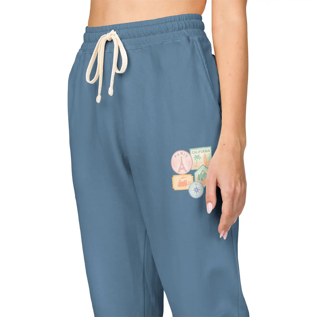 Unisex Fleece Sweatpants - Travel Stamps Graphic Comfort - DipaliZ