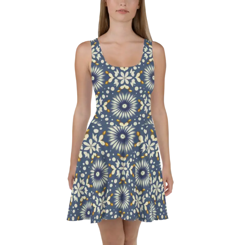 Floral Blue Skater Dress - Ultimate Flared Skirt Style - DipaliZ