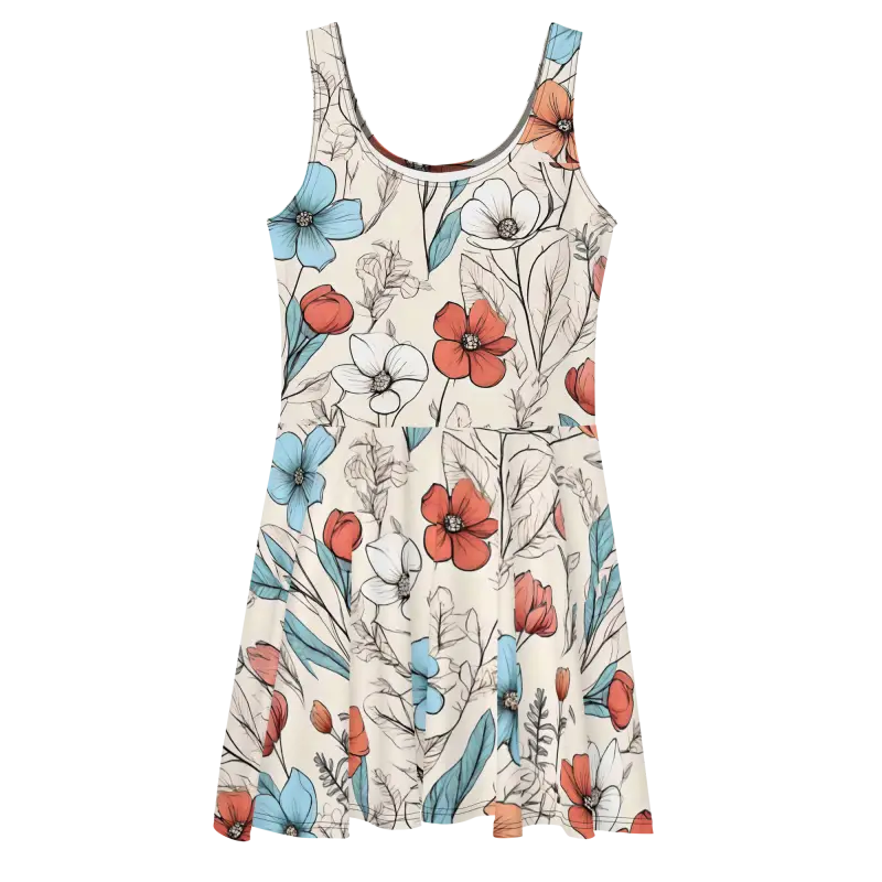 Pastel Flowers Skater Dress - Flared Skirt Design - DipaliZ
