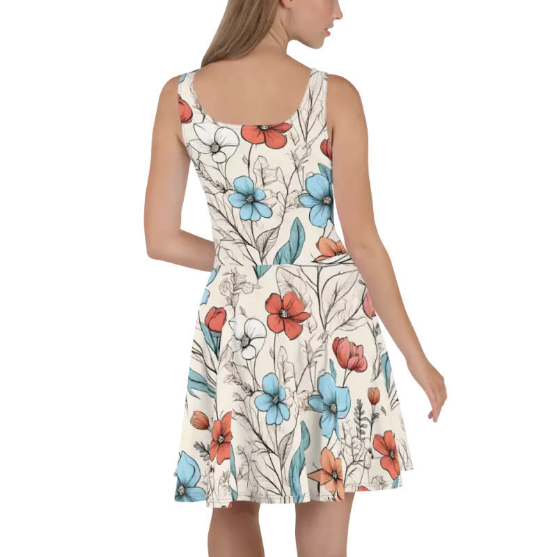 Pastel Flowers Skater Dress - Flared Skirt Design - DipaliZ