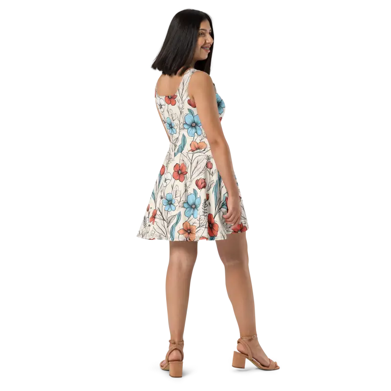Pastel Flowers Skater Dress - Flared Skirt Design - DipaliZ
