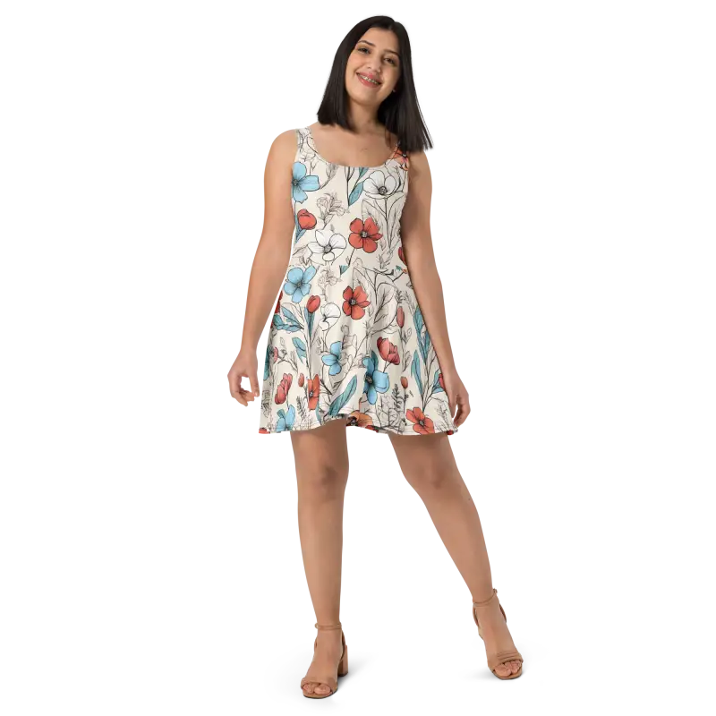 Pastel Flowers Skater Dress - Flared Skirt Design - DipaliZ