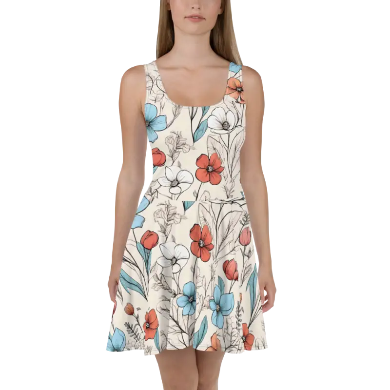 Pastel Flowers Skater Dress - Flared Skirt Design - DipaliZ