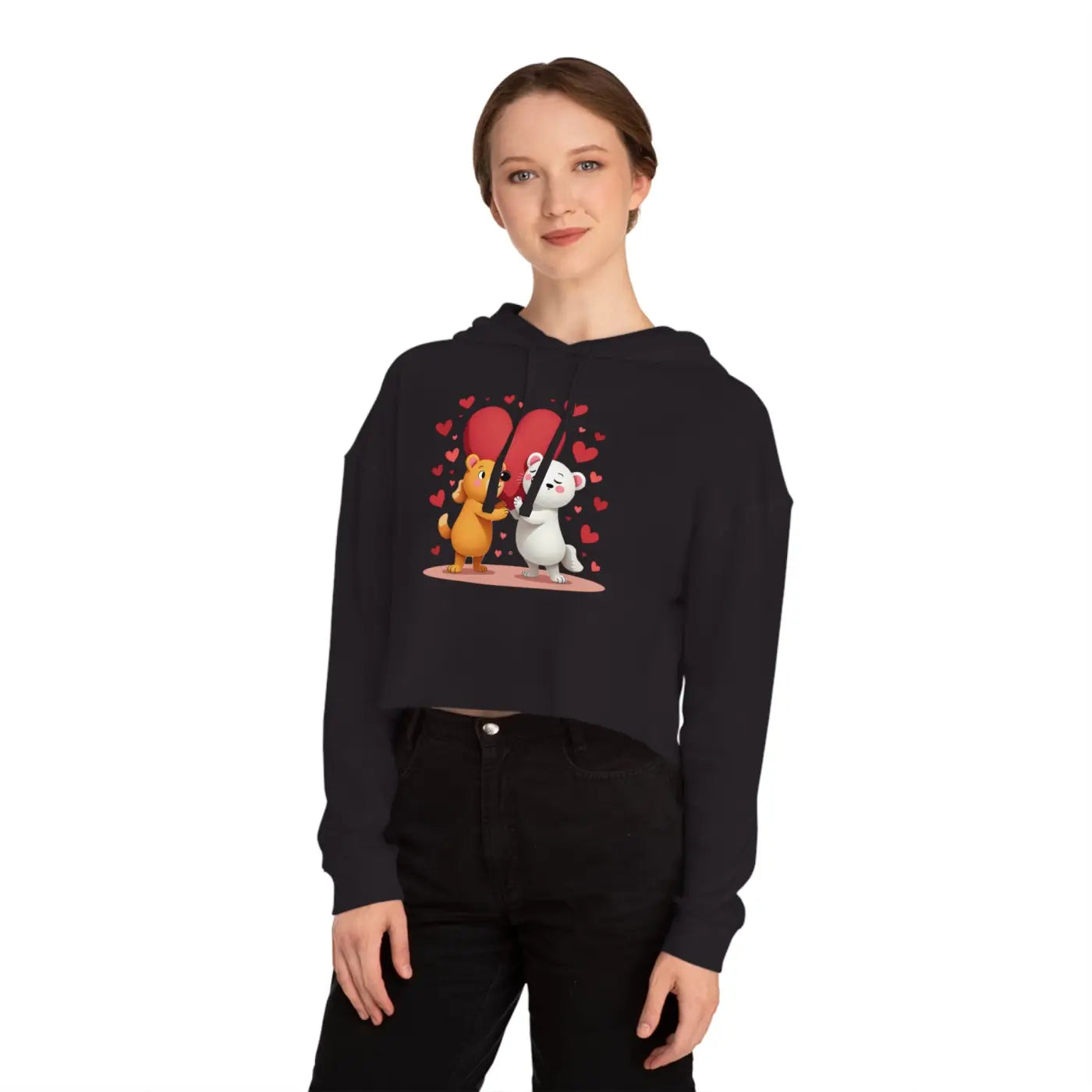 Trendy Cropped Hooded Sweatshirt - Bear Heart Design - DipaliZ