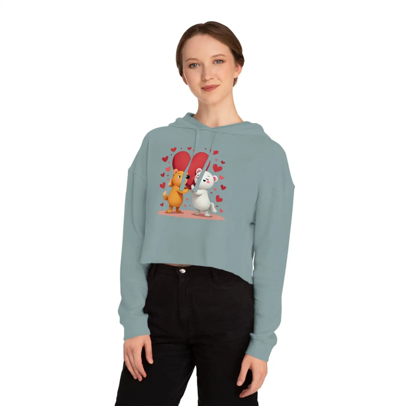 Trendy Cropped Hooded Sweatshirt - Bear Heart Design - DipaliZ