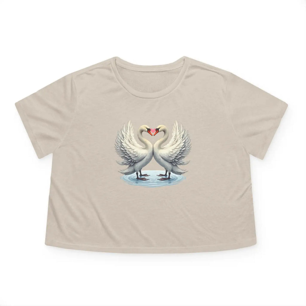 Flowy Cropped Tee - Enchanting Two Swans Heart Design - DipaliZ