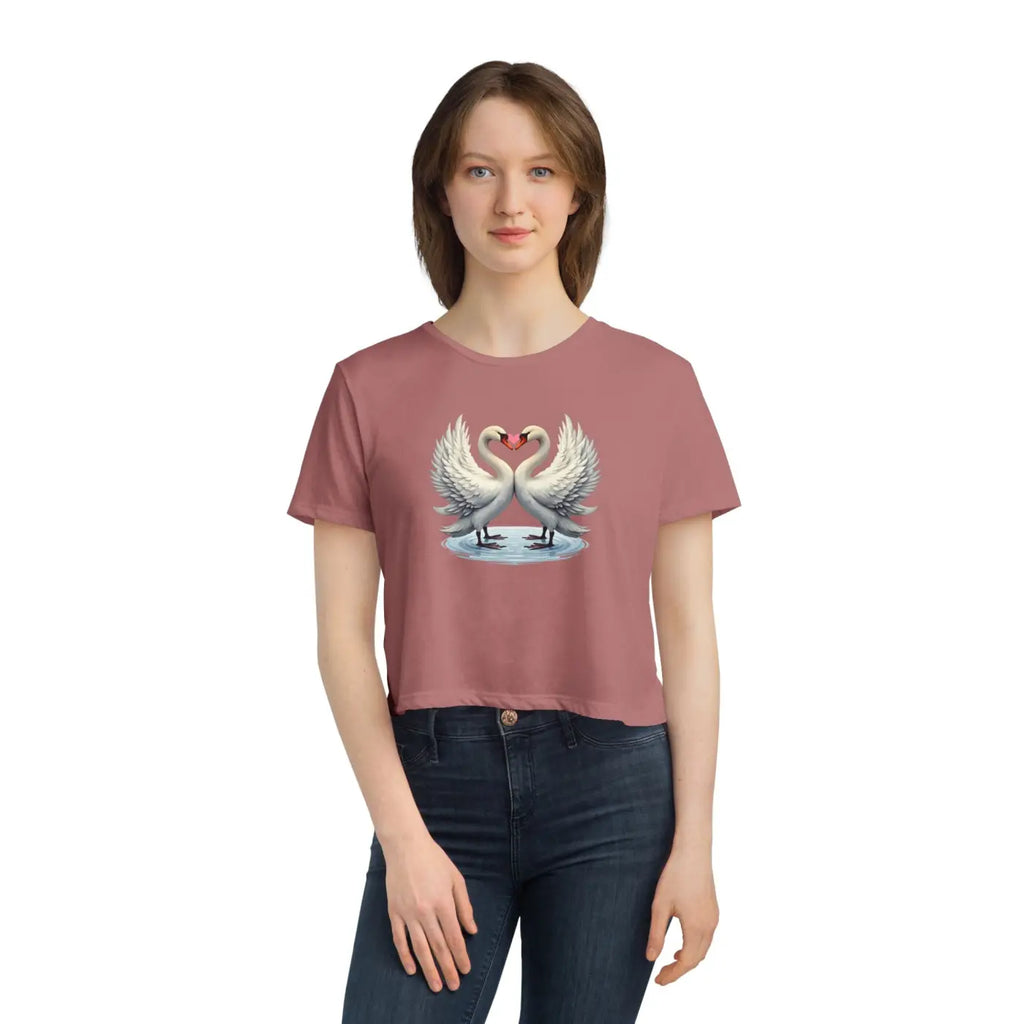 Flowy Cropped Tee - Enchanting Two Swans Heart Design - DipaliZ