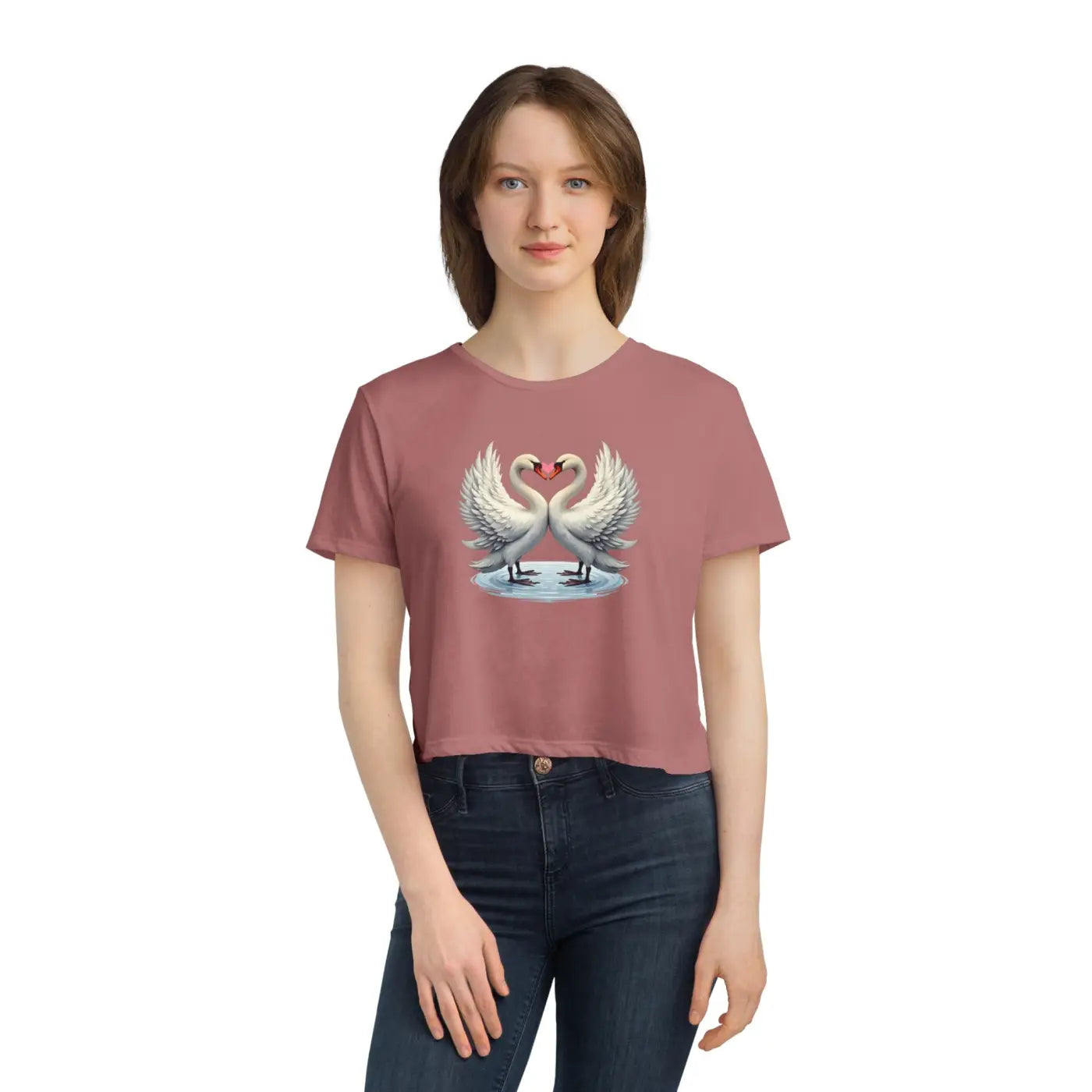 Flowy Cropped Tee - Enchanting Two Swans Heart Design - DipaliZ
