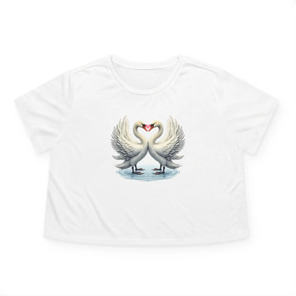 Flowy Cropped Tee - Enchanting Two Swans Heart Design - DipaliZ
