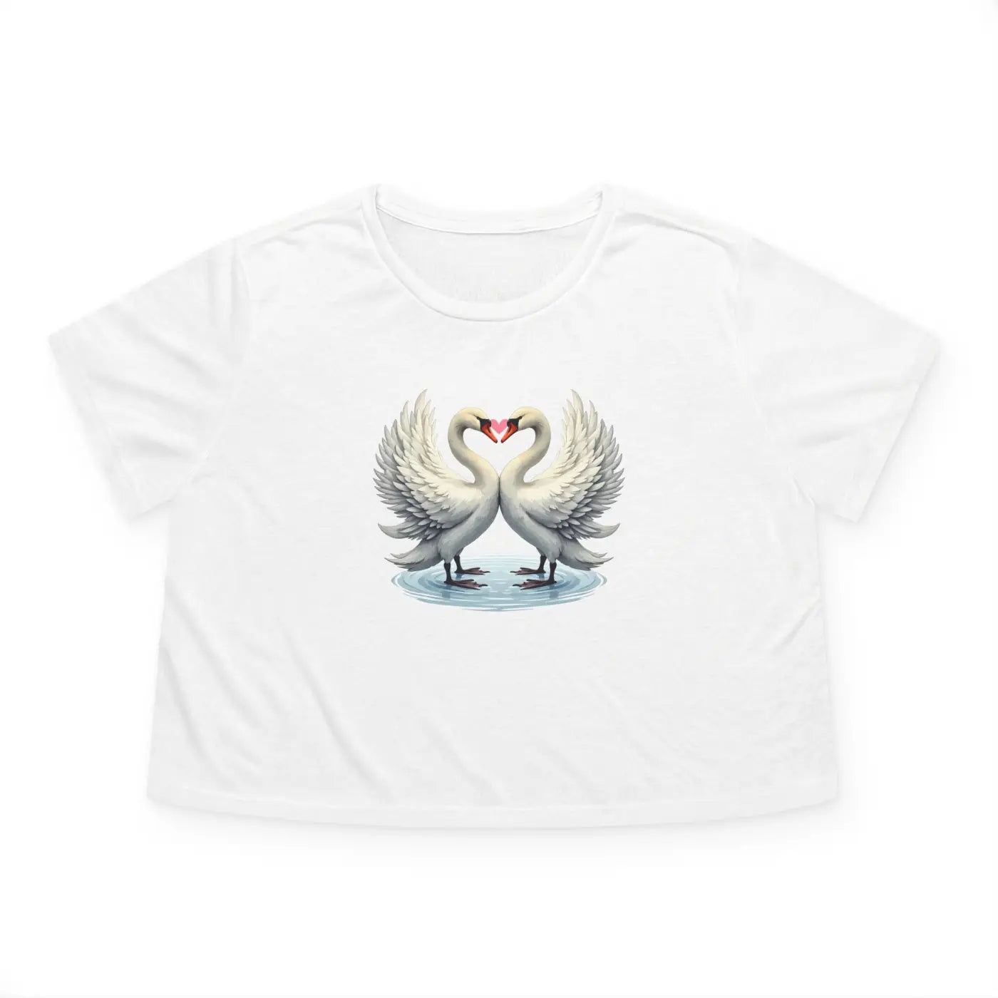 Flowy Cropped Tee - Enchanting Two Swans Heart Design - DipaliZ