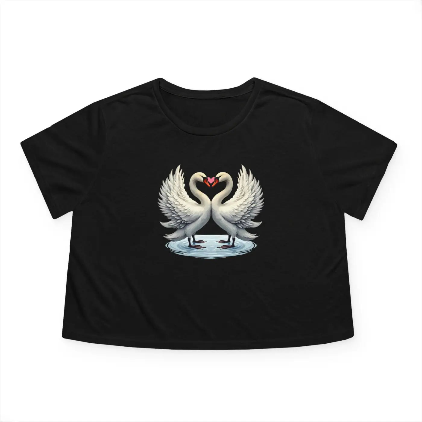 Flowy Cropped Tee - Enchanting Two Swans Heart Design - DipaliZ