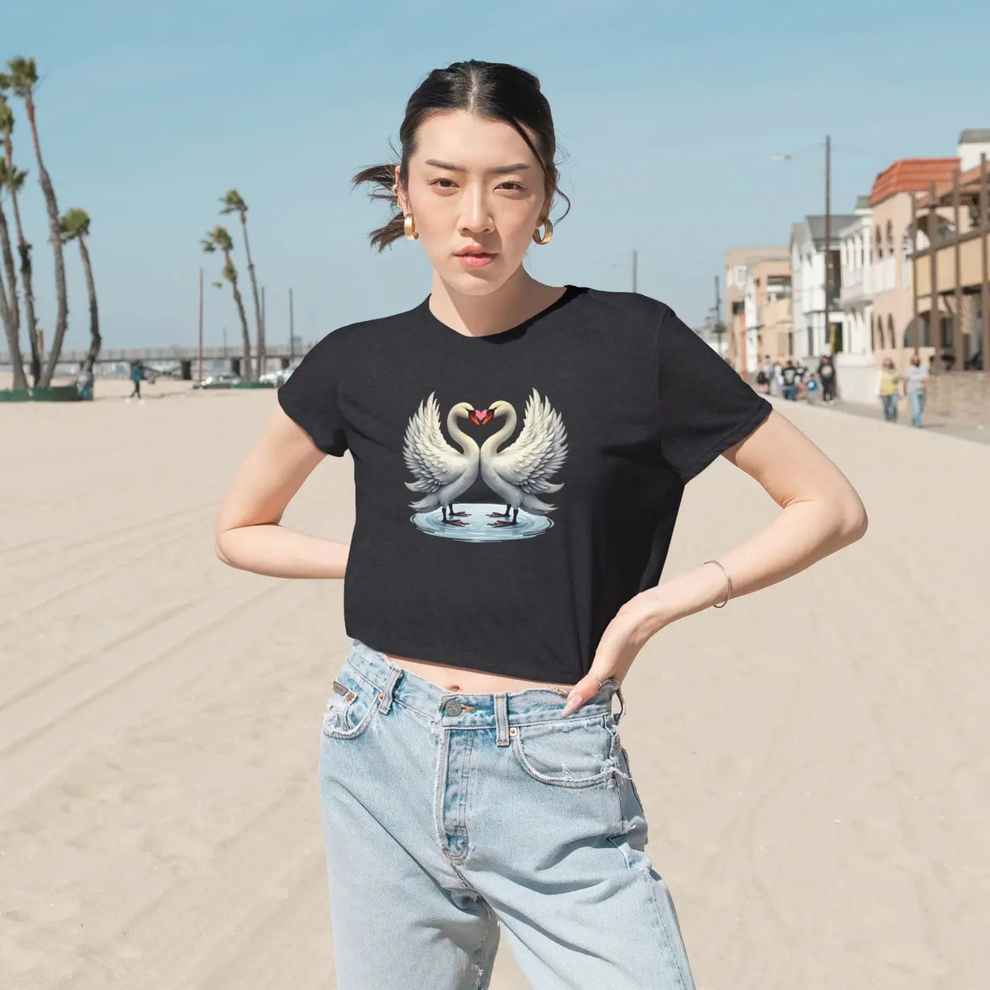 Flowy Cropped Tee - Enchanting Two Swans Heart Design - DipaliZ