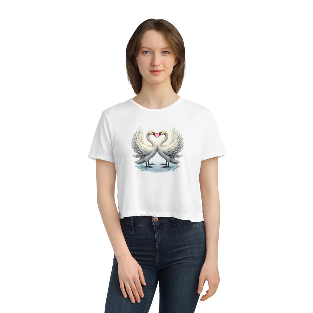Flowy Cropped Tee - Enchanting Two Swans Heart Design - DipaliZ