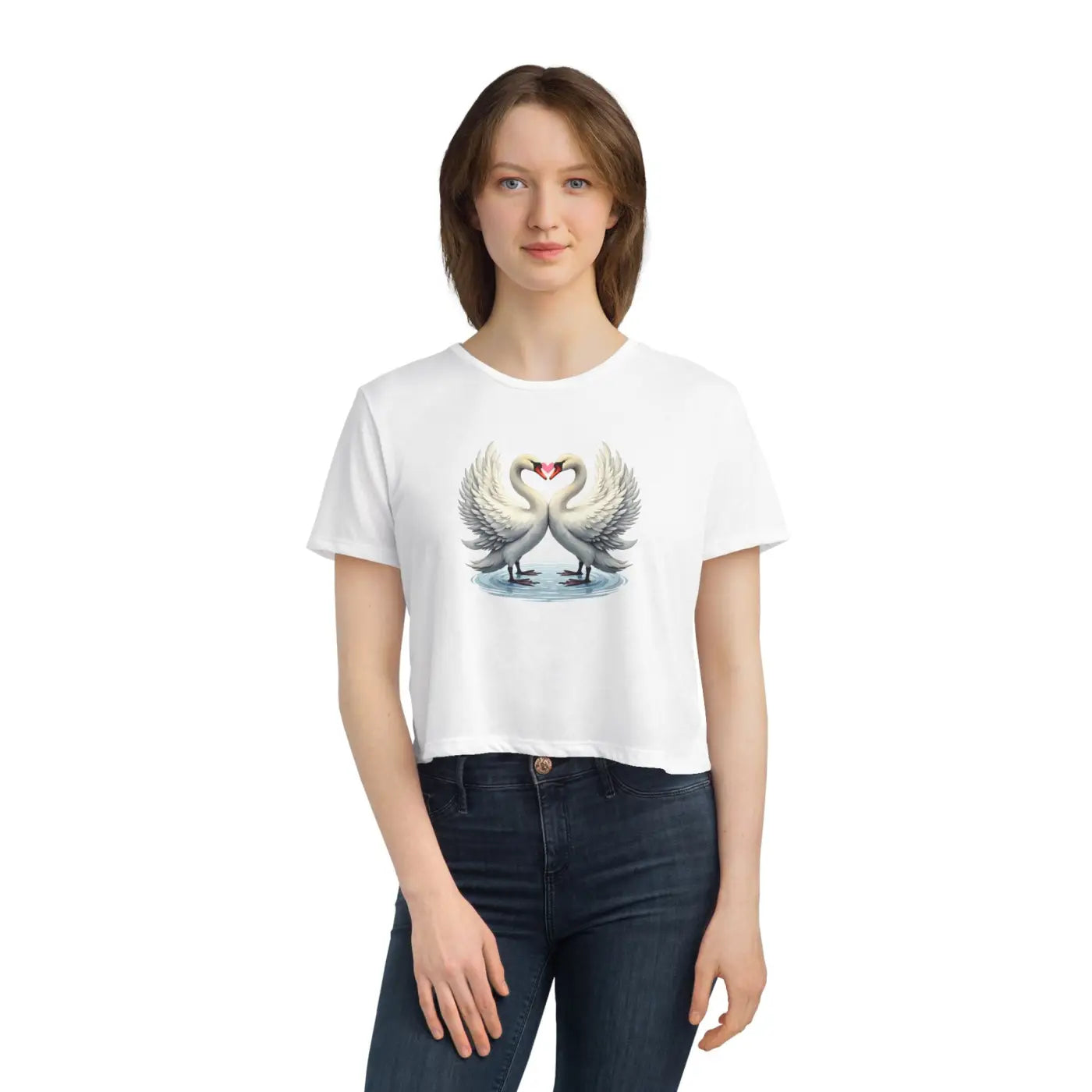 Flowy Cropped Tee - Enchanting Two Swans Heart Design - DipaliZ