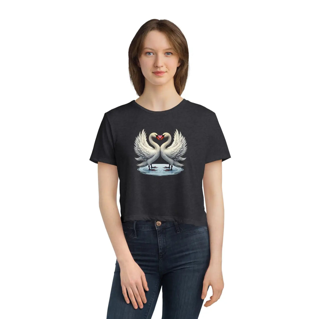 Flowy Cropped Tee - Enchanting Two Swans Heart Design - DipaliZ