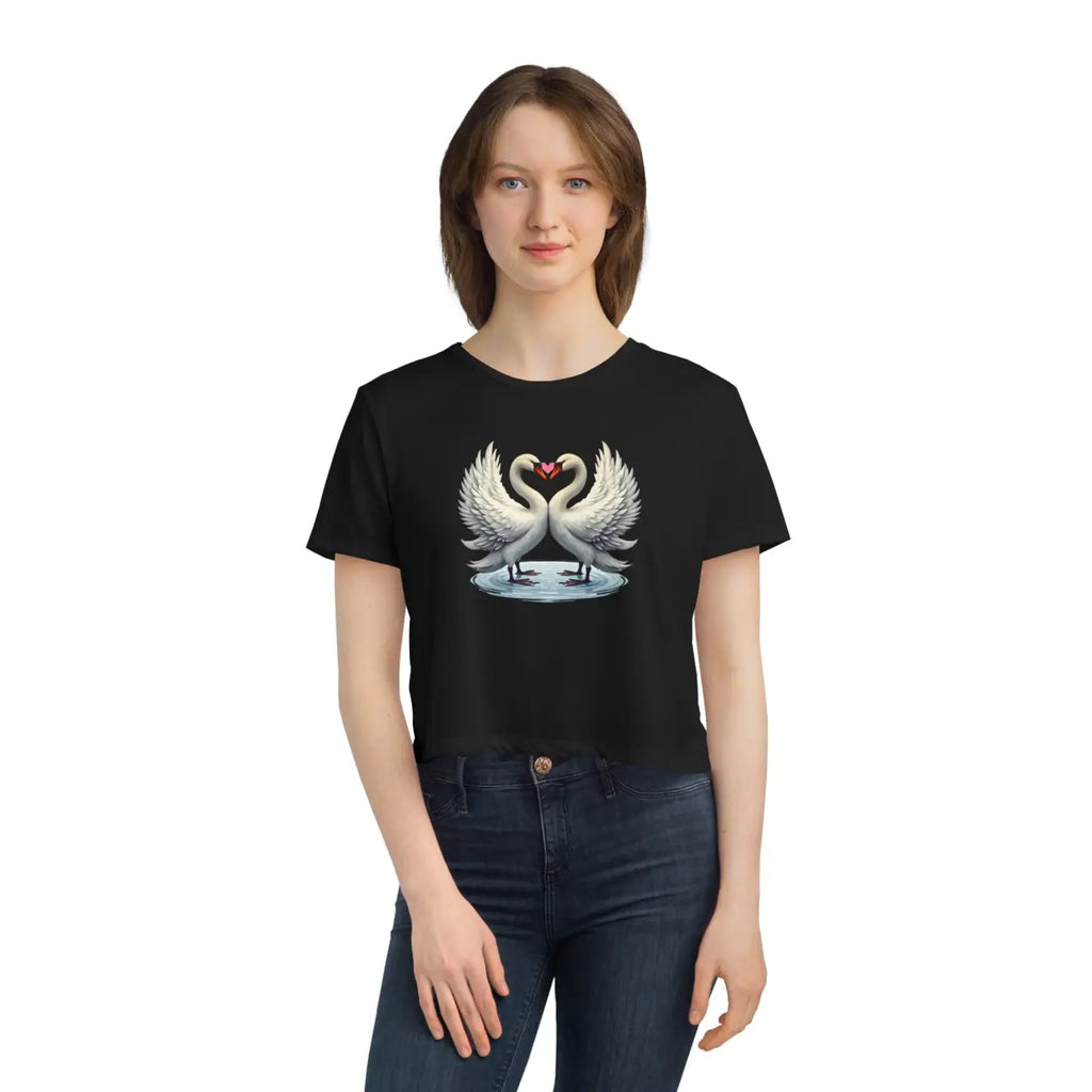 Flowy Cropped Tee - Enchanting Two Swans Heart Design - DipaliZ