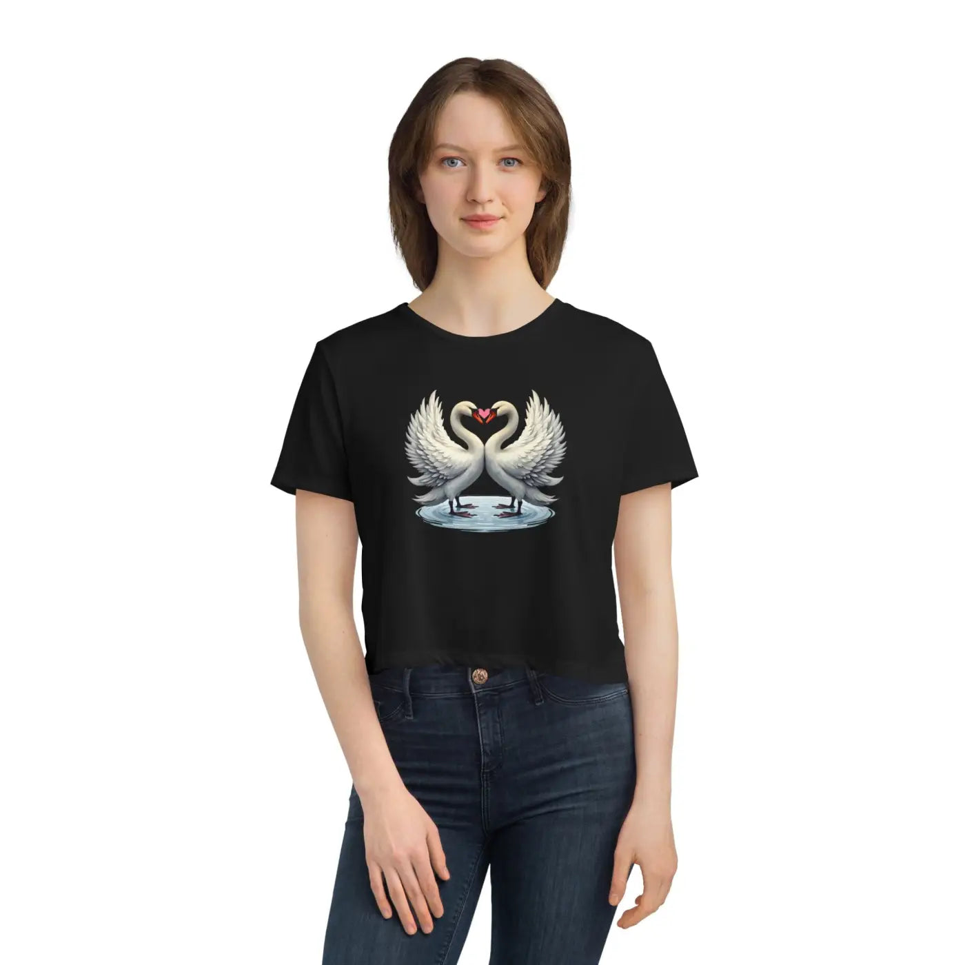 Flowy Cropped Tee - Enchanting Two Swans Heart Design - DipaliZ