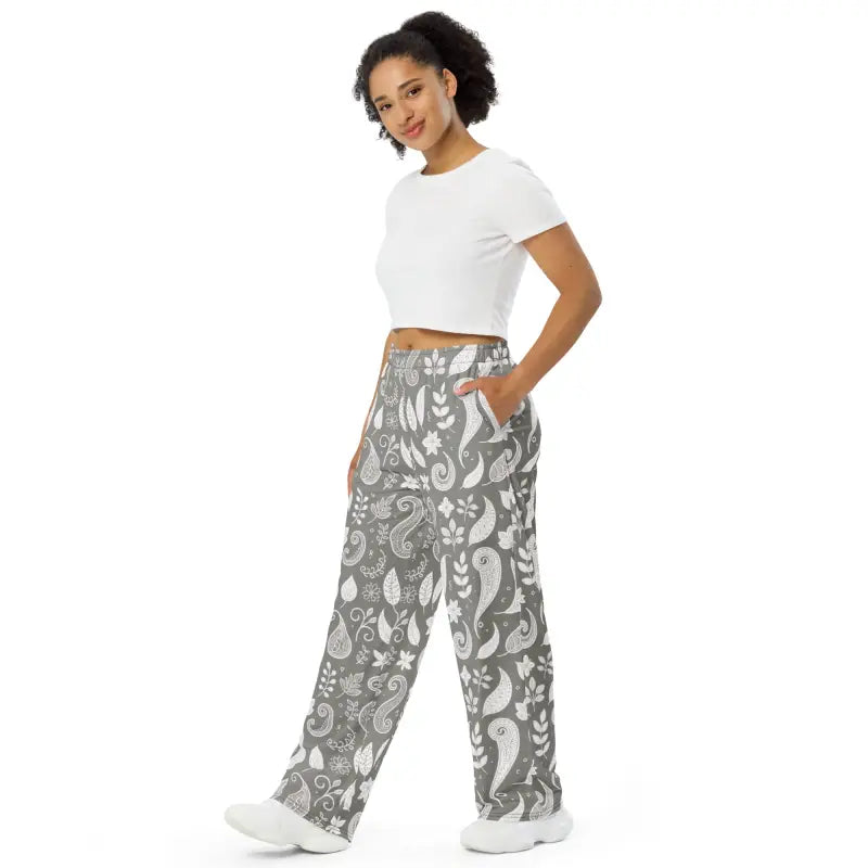 Wide-Leg Pants - Adjustable Waist Paisley Pattern - DipaliZ
