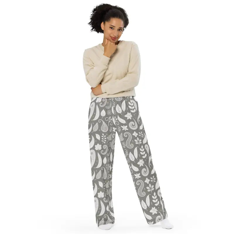 Wide-Leg Pants - Adjustable Waist Paisley Pattern - DipaliZ