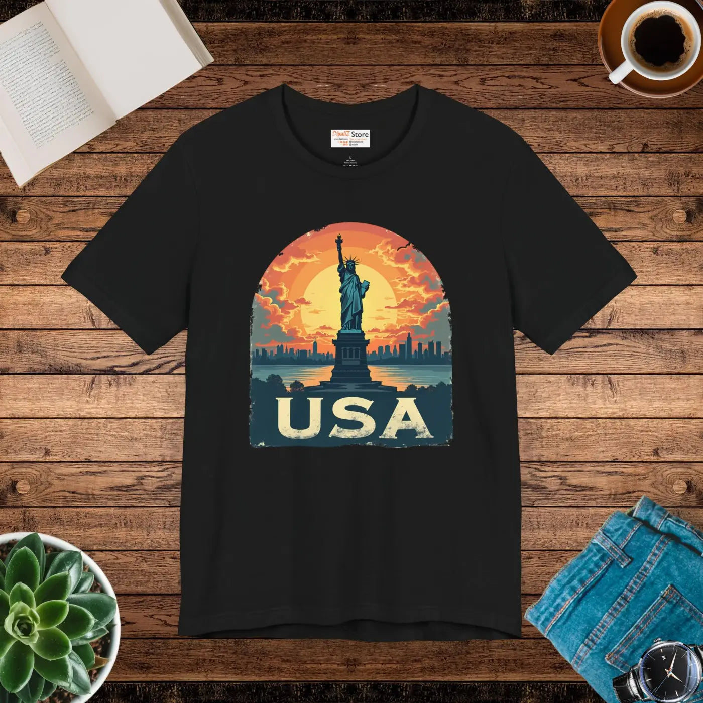 Bold Unisex Jersey Tee - USA Sunset Design - DipaliZ