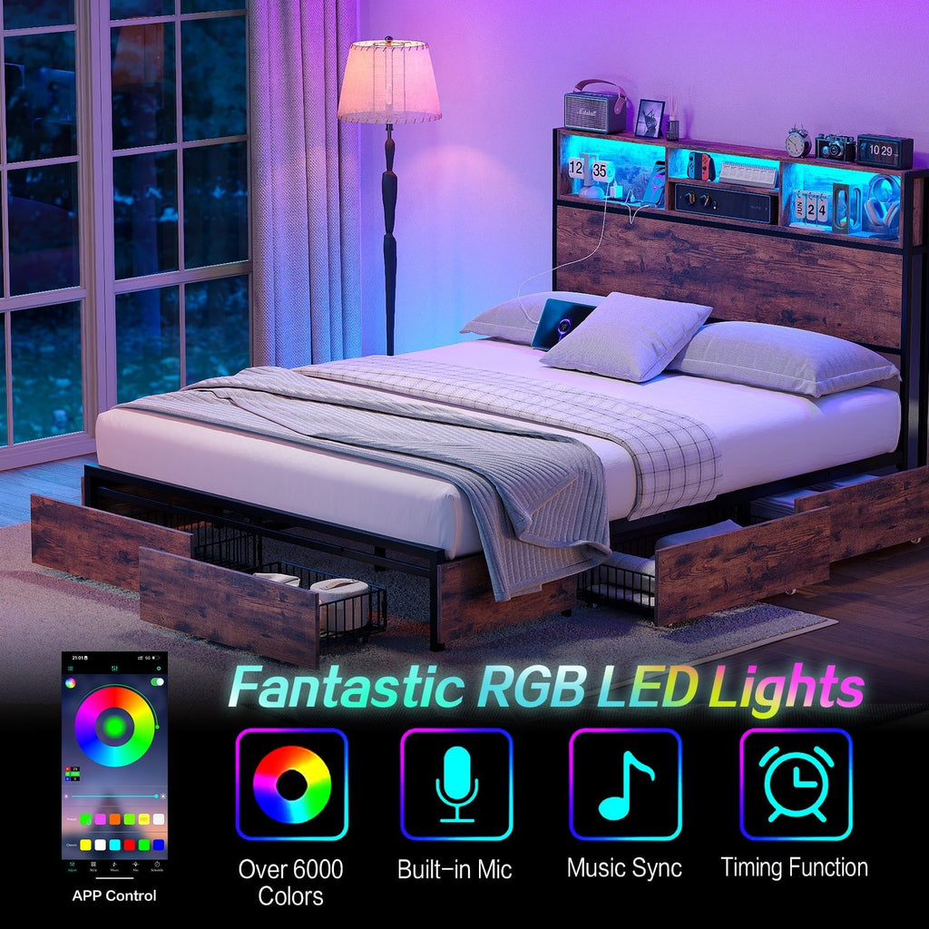 Full LED Bed Frame with LED, USB Charging, Storage Drawers, No Box Spring Needed - Vektaya