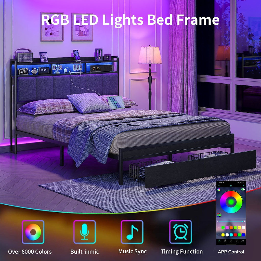 Full RGB LED Bed Frame with RGB LED, USB Charging, Storage Drawers, No Box Spring Needed Black - Vektaya