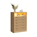 Fluted LED Nightstand with Charging Station, 5-Drawer, Oak - Vektaya