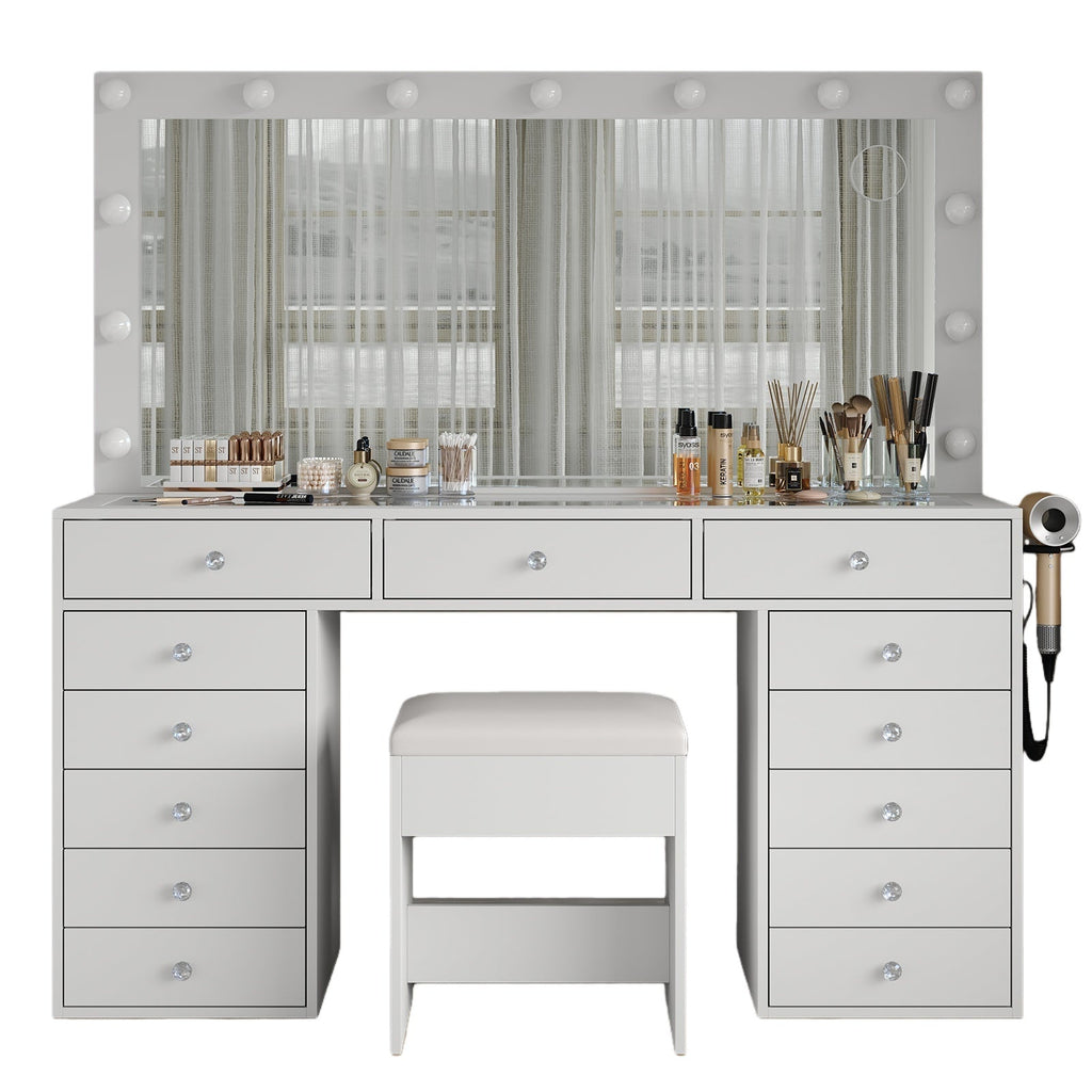 13-Drawer LED Mirror Vanity Desk - Vektaya